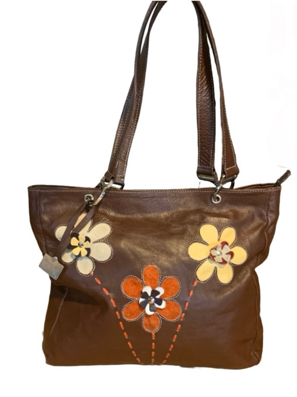ARTE PIEL BROWN HANDCRAFTED W/APPLIQUE FLOWERS LEATHER TOTE SHOULDER BAG